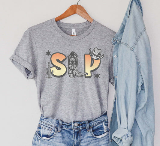 Gray t-shirt with 'SOP' graphic, denim shorts, and light blue shirt on a hanger against a white background
