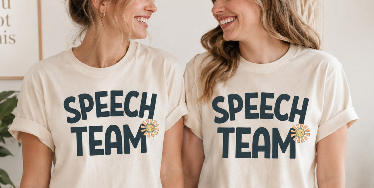 Two women wearing matching cream-colored graphic t-shirts that read 'SPEECH TEAM' in dark navy blue text with a small yellow sunflower accent. The image features a text overlay at the bottom reading 'Speech Team Tee' and includes a circular inset showing a close-up of the shirt graphic.