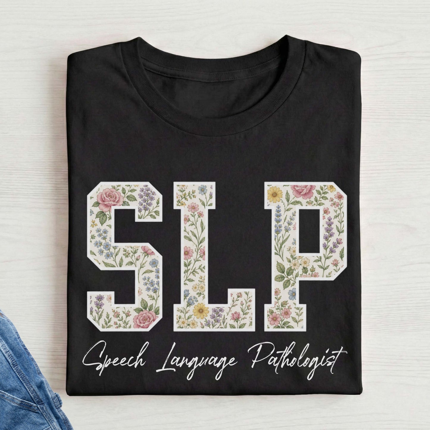 SLP floral pattern text t-shirt