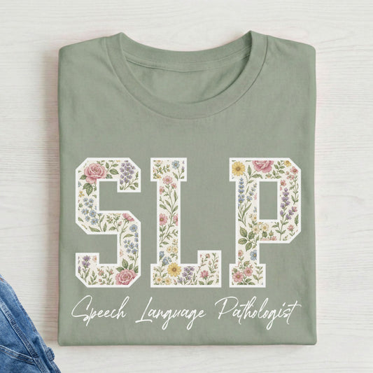 SLP floral pattern text t-shirt